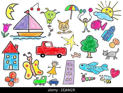 Illustration naïve, enfants dessinant des symboles d'été symboles de voyage et animaux Banque D'Images