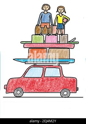 Illustration naïve, dessin d'enfants, voiture entièrement emballée avec des enfants en face de partir en vacances Banque D'Images