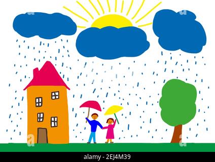 Illustration naïve, dessin d'enfants, famille heureuse devant la maison debout dans le jardin sous la pluie et le soleil Banque D'Images