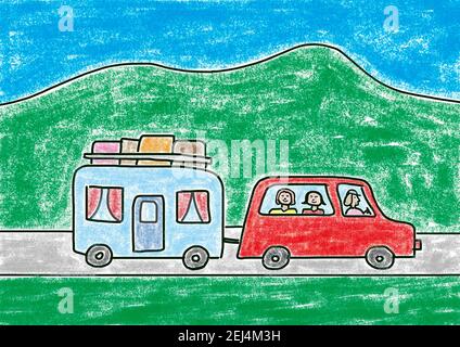 Illustration naïve, dessin d'enfants, famille avec caravane sur le chemin des vacances Banque D'Images
