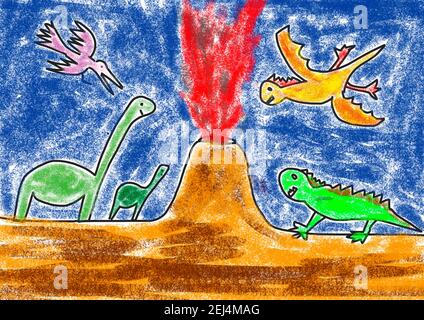 Illustration naïve, dessin d'enfants, différents dinosaures devant un volcan en éruption, Autriche Banque D'Images