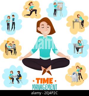 Illustration vectorielle plate multitâche avec une jeune femme d'affaires méditant pose de lotus après une dure journée de travail Illustration de Vecteur