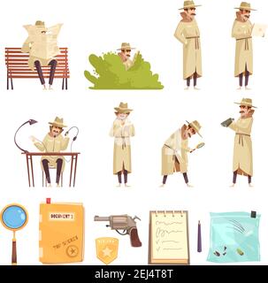Collection privée d'icônes de dessin animé de travail d'espion détective avec loupe revolver les preuves médico-légales documentent l'illustration vectorielle isolée Illustration de Vecteur