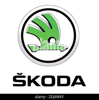 Logo de la marque automobile Skoda, espace libre sur fond blanc Banque D'Images