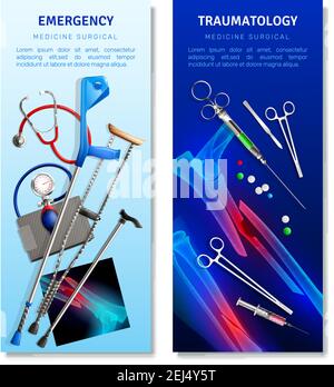Bandeaux verticaux pour la traumatologie chirurgicale avec outils médicaux et clichés radiographiques pour l'aide d'urgence illustration de vecteur isolé Illustration de Vecteur