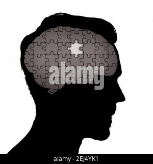 Un puzzle avec une pièce manquante apparaît à l'intérieur d'un Silhouette de la tête et du cerveau d’un homme dans ce 3-D. illustration de la perte de mémoire ou d'autres troubles mentaux Banque D'Images