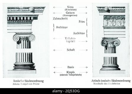 Cette illustration montre la colonne d'ordre ionique utilisée pour construire le Temple d'Athéna à Priene (à gauche) et la colonne d'ordre ionique Attique utilisée pour construire le côté nord de l'Erechtheion (à droite. Les étiquettes sont en allemand. Le temple d'Athéna Polias à Priene était un temple de l'ordre ionique situé au nord-ouest de l'Agora de Priene, à l'intérieur d'un complexe du sanctuaire. Construit autour de 350 av. J.-C., il a été dédié à Athena Polias, le même que la déité patronne d'Athènes. L'Erechtheion (ou Erechtheum) est un ancien temple grec construit sur l'acropole d'Athènes entre 421 et 406 av. J.-C. à l'âge d'or de la ville Banque D'Images