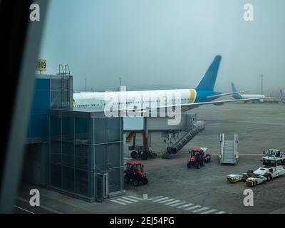 Jetway (pont aérien télescopique) stationné près de la porte de l'avion qui le relie à la porte du terminal de l'aéroport international de Boryspil, à Kiev. Banque D'Images