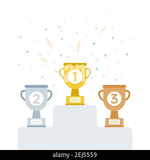 Coupe trophée or, argent et bronze sur le podium. Première, deuxième et troisième place. Concept de gagnant, victoire, succès, leadership, prix. Vecteur Illustration de Vecteur