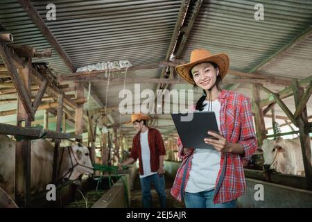 femme propriétaire d'une ferme de vache utilisant une tablette avec travailleur arrière-plan nourrissant les vaches avec du foin dans le enclos de bétail Banque D'Images