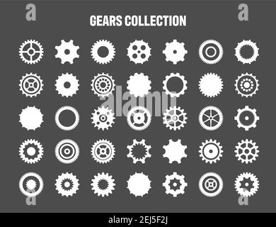 Icônes d'engrenage simples. Roues réglées sur fond noir. Collection de roues dentées blanches Vector. Illustration de Vecteur
