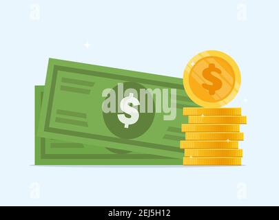 Billets et pièces en dollars. Icône argent, note de banque pour les infographies de symboles, dollar monétaire, illustration vectorielle plate Illustration de Vecteur