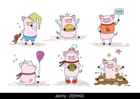 Ensemble de cochons mignons, piggy dans différentes poses et situations, symbole de 2019 ans, isolé sur fond blanc, illustration vectorielle Illustration de Vecteur