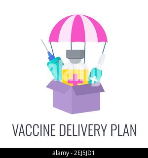Icône du plan d'administration du vaccin. Le parachute vole avec une boîte de vaccins. Illustration de Vecteur