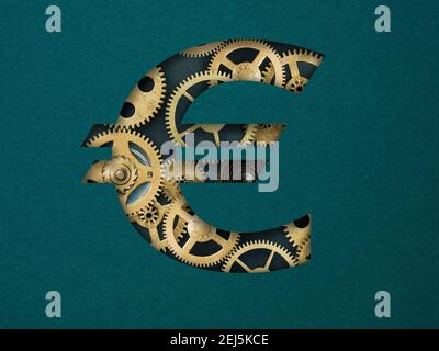 Signe euro, symbole euro. Papier abstrait coupé avec un arrière-plan engrenages et cogs Banque D'Images