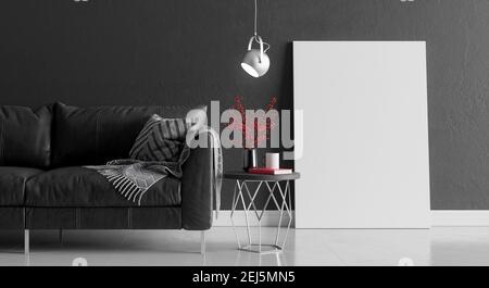 Salon maquette avec mur en béton gris et mobilier moderne, design intérieur minimaliste, rendu 3d, illustration 3d Banque D'Images