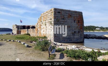 Fort Popham, fortification de la défense côtière de l'époque de la guerre civile à l'embouchure de la rivière Kennebec, paroi arrière du fort, Phippsburg, ME, États-Unis Banque D'Images