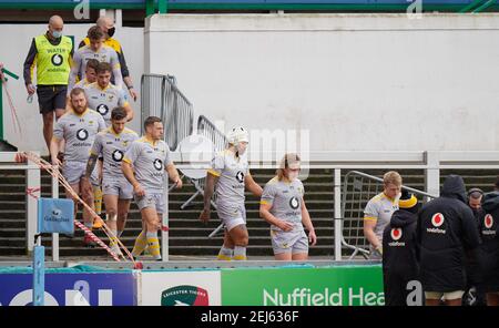 Les joueurs de Wasps s'affrontent lors d'un match de rugby à XV de la Gallagher Premiership Round 10, le vendredi 20 février 2021, à Leicester, Royaume-Uni. (Steve FL Banque D'Images