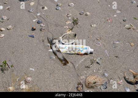 Tube de Tooothpaste utilisé jeté sur les coquillages écosystème de plage, pollution de la côte de mer contamination Banque D'Images