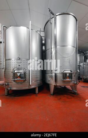 Fûts d'acier pour la fermentation du vin dans l'usine de viticulteurs. Photo de haute qualité. Banque D'Images