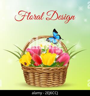 Décor romantique réaliste pour les vacances du 8 mars avec panier plein illustration du vecteur tulipes Illustration de Vecteur