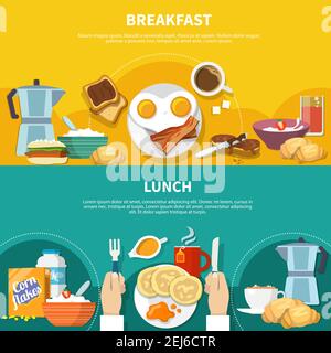 Ensemble de bannières horizontales plates avec déjeuner et petit déjeuner isolés sur une illustration vectorielle d'arrière-plan colorée Illustration de Vecteur