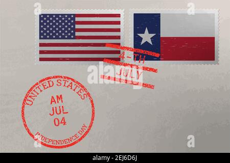 Enveloppe de timbre-poste avec drapeau du Texas et des États-Unis et timbres du 4 juillet, vecteur Illustration de Vecteur