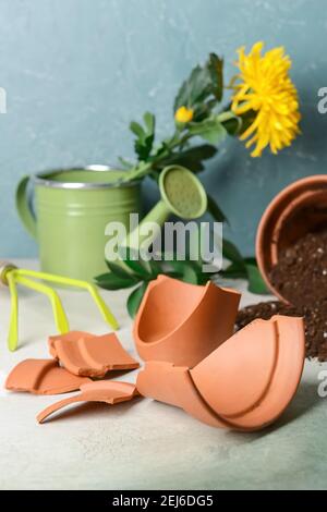 Pot de fleurs brisé et outils de jardinage sur la table Banque D'Images