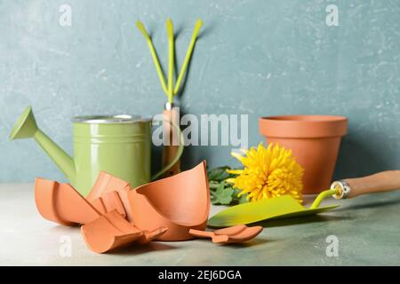 Pot de fleurs brisé et outils de jardinage sur la table Banque D'Images