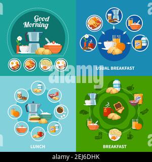 Petit déjeuner et déjeuner divers plats et boissons 2x2 icônes ensemble isolé sur une illustration vectorielle plate d'arrière-plan colorée Illustration de Vecteur