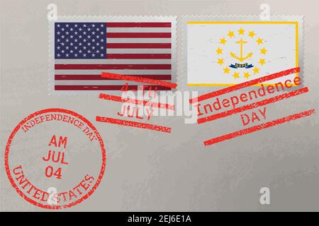 Enveloppe de timbre-poste avec drapeau du Rhode Island et des Etats-Unis et timbres du 4 juillet, vecteur Illustration de Vecteur