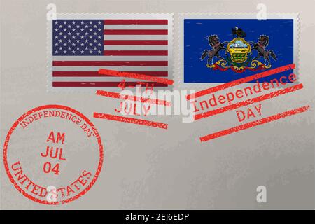 Enveloppe de timbre-poste avec drapeau de Pennsylvanie et des États-Unis et timbres du 4 juillet, vecteur Illustration de Vecteur