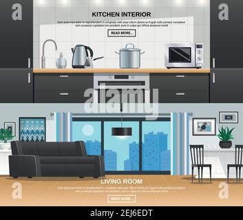 Cuisine moderne et salon design intérieur 2 site Internet horizontal banderoles avec meubles électroménagers ustensiles illustration vectorielle Illustration de Vecteur