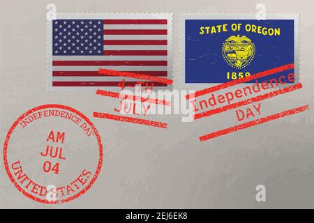 Enveloppe de timbre-poste avec drapeau de l'Oregon et des États-Unis et timbres du 4 juillet, vecteur Illustration de Vecteur