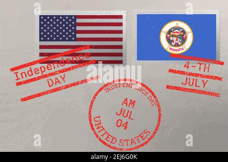 Enveloppe de timbre-poste avec drapeau du Minnesota et des États-Unis et timbres du 4 juillet, vecteur Illustration de Vecteur