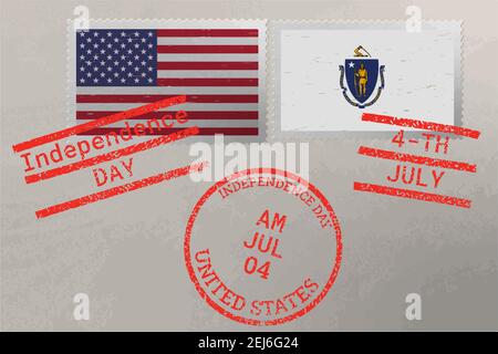 Enveloppe de timbre-poste avec drapeau du Massachusetts et des États-Unis et timbres du 4 juillet, vecteur Illustration de Vecteur