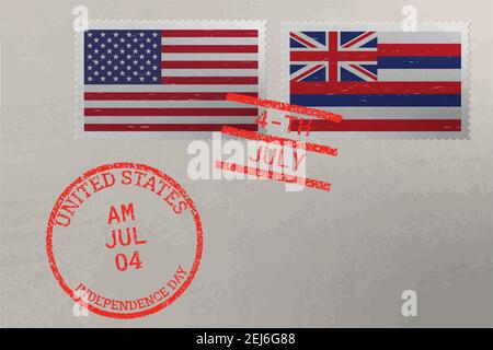 Enveloppe de timbre-poste avec drapeau d'Hawaï et des États-Unis et timbres du 4 juillet, vecteur Illustration de Vecteur
