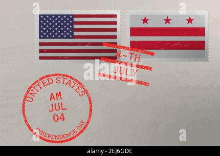 Enveloppe de timbre-poste avec drapeau du district de Columbia et des États-Unis et timbres du 4 juillet, vecteur Illustration de Vecteur