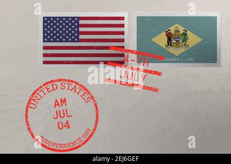 Enveloppe de timbre-poste avec drapeau du Delaware et des États-Unis et timbres du 4 juillet, vecteur Illustration de Vecteur