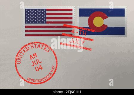 Enveloppe de timbre-poste avec drapeau Colorado et USA et timbres du 4 juillet, vecteur Illustration de Vecteur