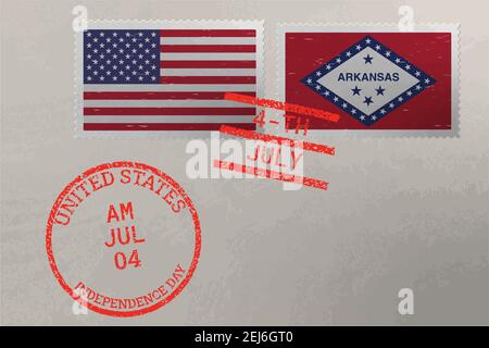 Enveloppe de timbre-poste avec drapeau Arkansas et USA et timbres du 4 juillet, vecteur Illustration de Vecteur