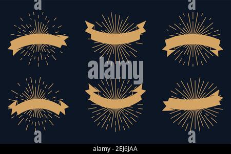 Rubans or à silhouette rétro avec lunettes de soleil, ensemble d'icônes. Vide différentes formes bandes simples avec espace pour le texte. Toile de fond de style vintage rayons de lumière dorés. Modèle pour le Web, illustration vectorielle de la carte-cadeau Illustration de Vecteur