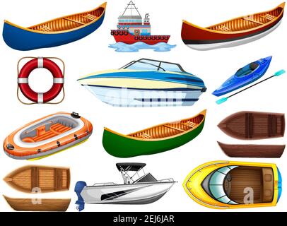 Ensemble de différents types de bateaux et navire isolé sur illustration d'arrière-plan blanc Illustration de Vecteur