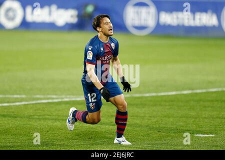 Huesca, Espagne. 21 février 2021. Shinji Okazaki (Huesca) football : Okazaki regret lors de l'espagnol 'la Liga Santander' match entre SD Huesca 3-2 Grenade CF à l'Estadio El Alcoraz à Huesca, Espagne . Crédit: Mutsu Kawamori/AFLO/Alay Live News Banque D'Images