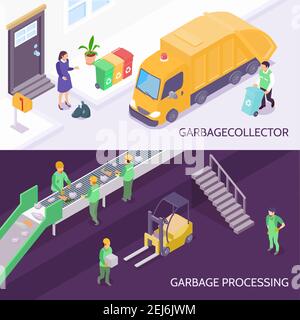 Jeu de bannières isométriques horizontales avec collecteur d'ordures et camion de déchets, illustration vectorielle isolée de recyclage des déchets Illustration de Vecteur