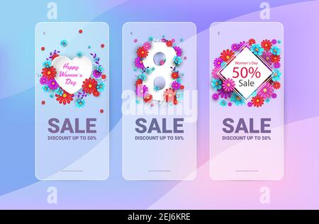mettez en place la fête des femmes 8 mars fêtes fêtes fêtes bannières circulaires ou cartes de vœux avec illustration vectorielle horizontale de fleurs Illustration de Vecteur