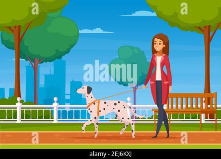 Fond de dessin animé coloré avec une jeune femme marchant dans le parc de la ville avec son chien de race dalmate illustration de vecteur Illustration de Vecteur