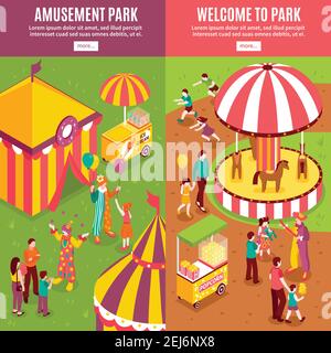 Collection de bannières verticales de cirque de parc d'attractions isométrique avec texte isolé plus bouton et divertissement parc décors compositions vecteur illustraa Illustration de Vecteur