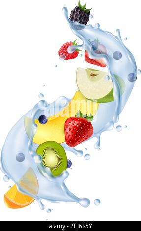 De l'eau réaliste éclabousse dans l'air avec des fraises fraîches citronnées kiwi illustration vectorielle de la boisson détox rafraîchissante des segments de fruits Illustration de Vecteur