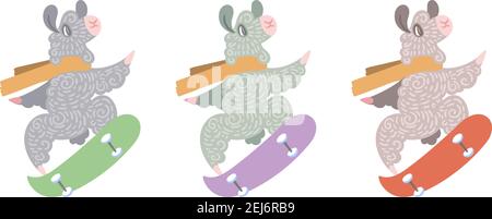 Un ensemble de jolis lamas aux cheveux bouclés fait le tour d'un skateboard. Ilustration dans différentes couleurs pour colorier des pages, des tirages pour les enfants et les adultes, sports, hea Illustration de Vecteur